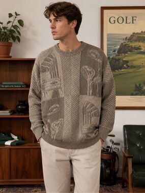 Vintage Lee Sport Golf Sweater Men’s M USA Made Cotton Knit Golf Club Graphic 90